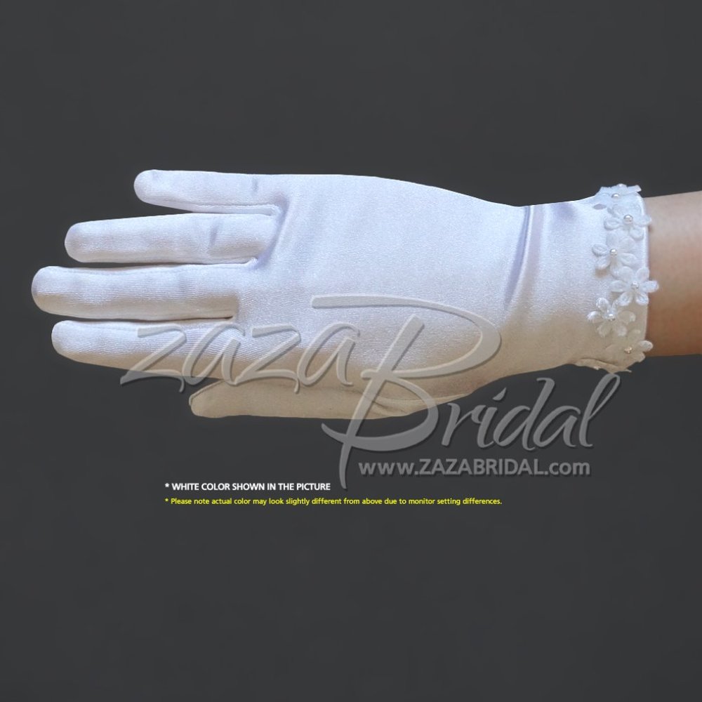 Girl’s Satin Gloves with flowers across the wrist with pearl centers
